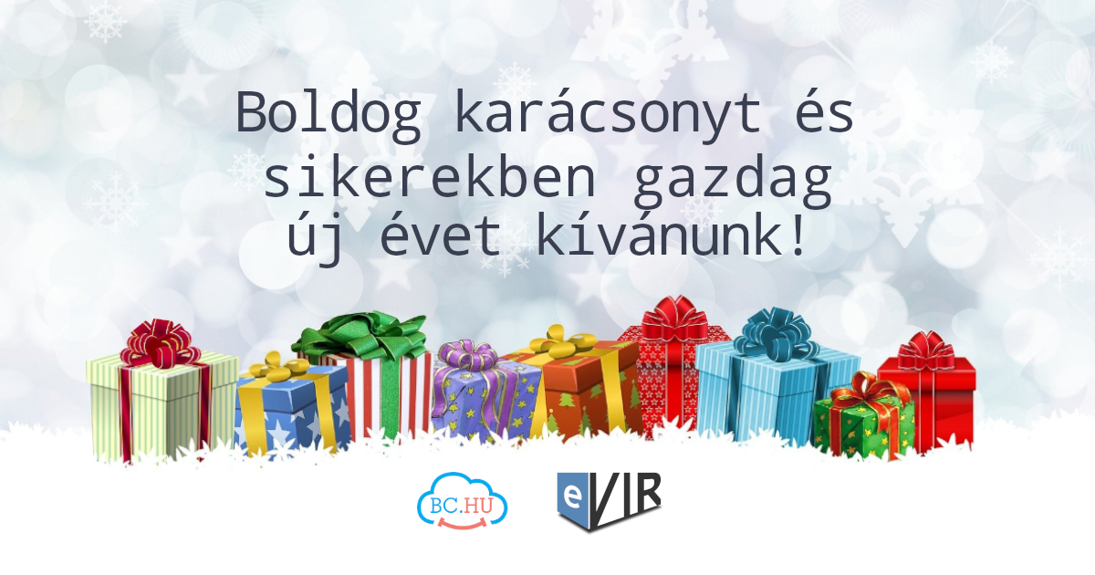 ajándékcsomagok karácsonyi háttérrel, eVIR és BC.HU logo
